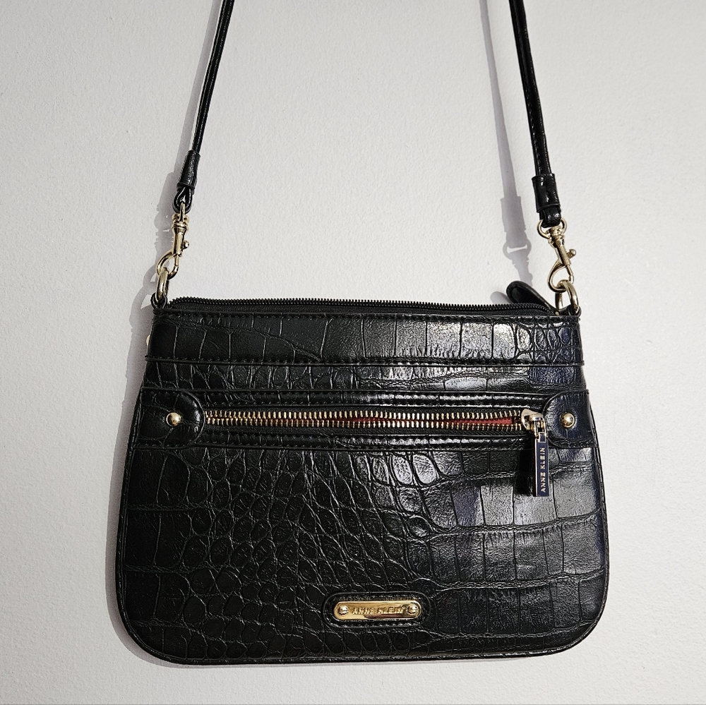 Anne Klein Black Crocodile-Embossed Crossbody Bag